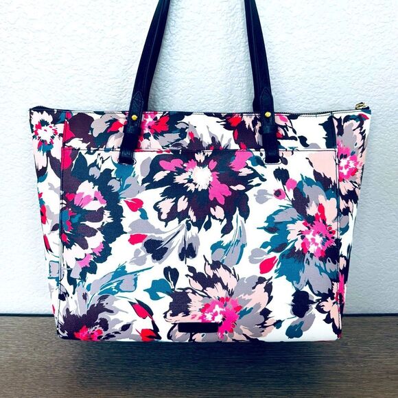 Fossil Teal Pink Floral Print Shoulder Bag Tote Purse - Picture 1 of 8